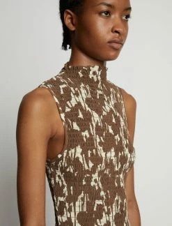 Proenza Schouler White Label | Printed Smocked Mini Dress - Buttercream/Coffee -Kameli Shop 18895872 43235201 1320